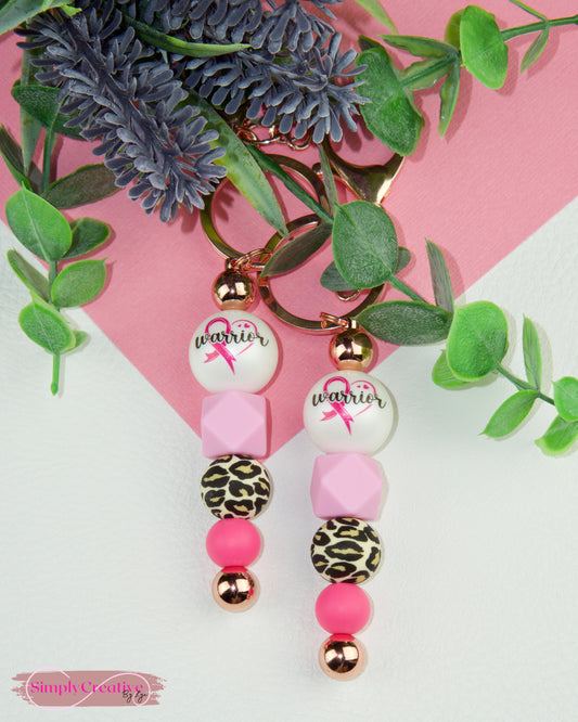 Warrior Pink Ribbon Breast Cancer Awareness Metal Bar Keychain